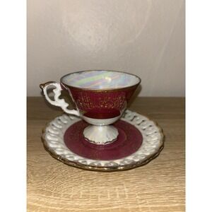 Enesco Lusterware Magenta Burgandy and Gold Teacup Footed Pedastal Bottom 2684